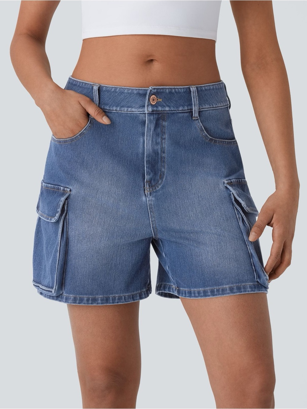 NWOT HALARA Blue Denim Cargo Shorts with Utility Pockets - Picture 8 of 8